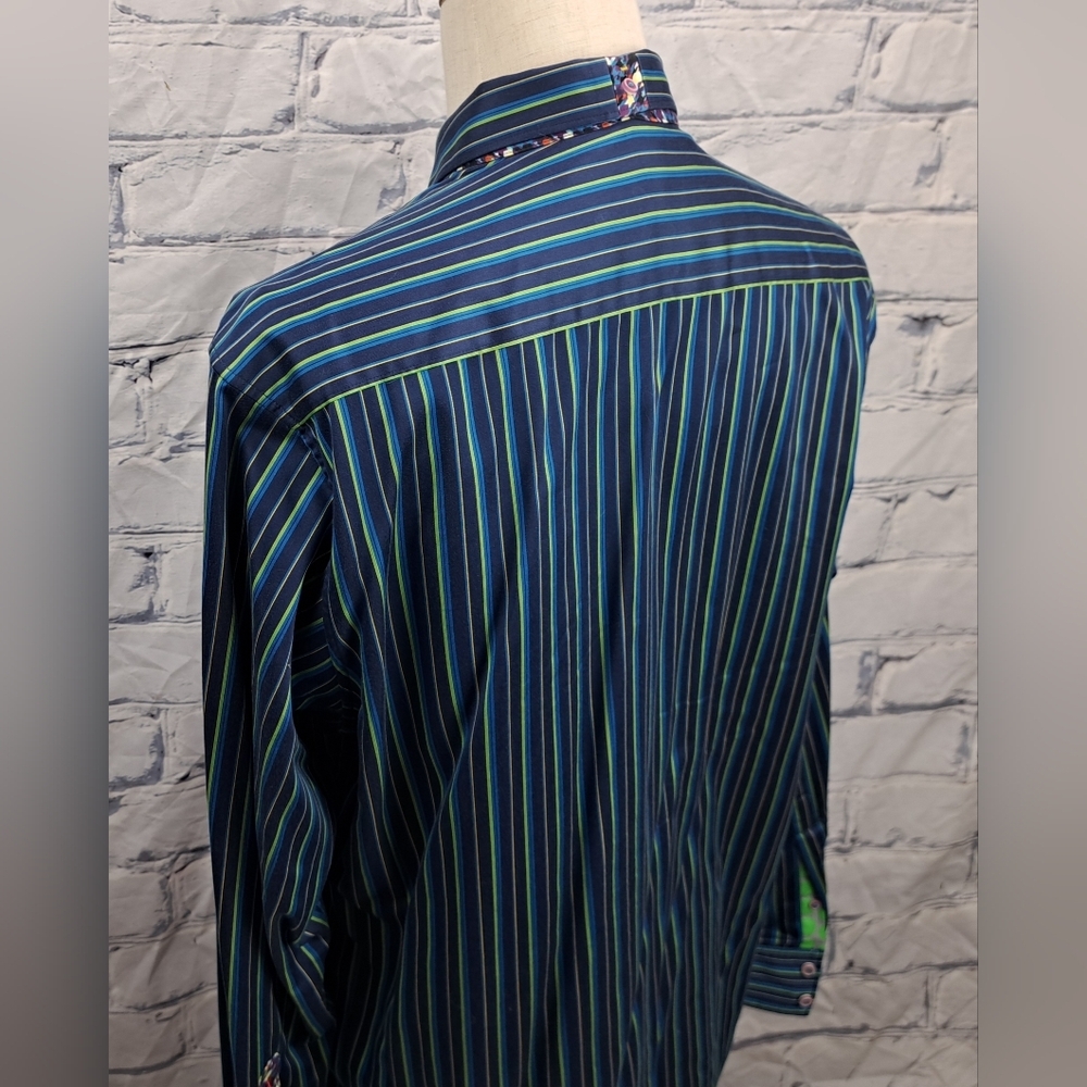 Robert Graham Mens Button Down Shirt Green Blue Striped Flip Cuff Classic Fit XL - Picture 6 of 16